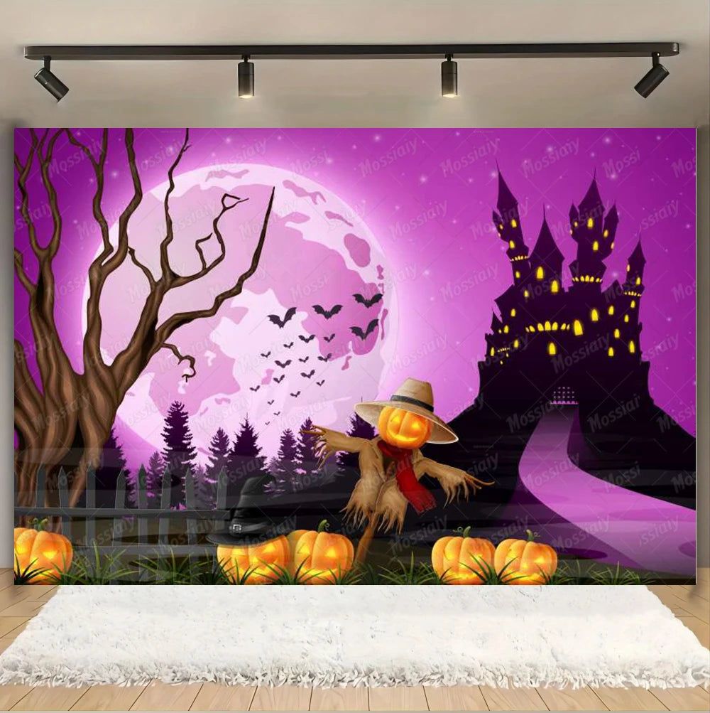 Horror Halloween Photography Background Moon Night Castle Forest Pumpkin Lantern Skeleton Family Party Photo Backdrop Decoration
