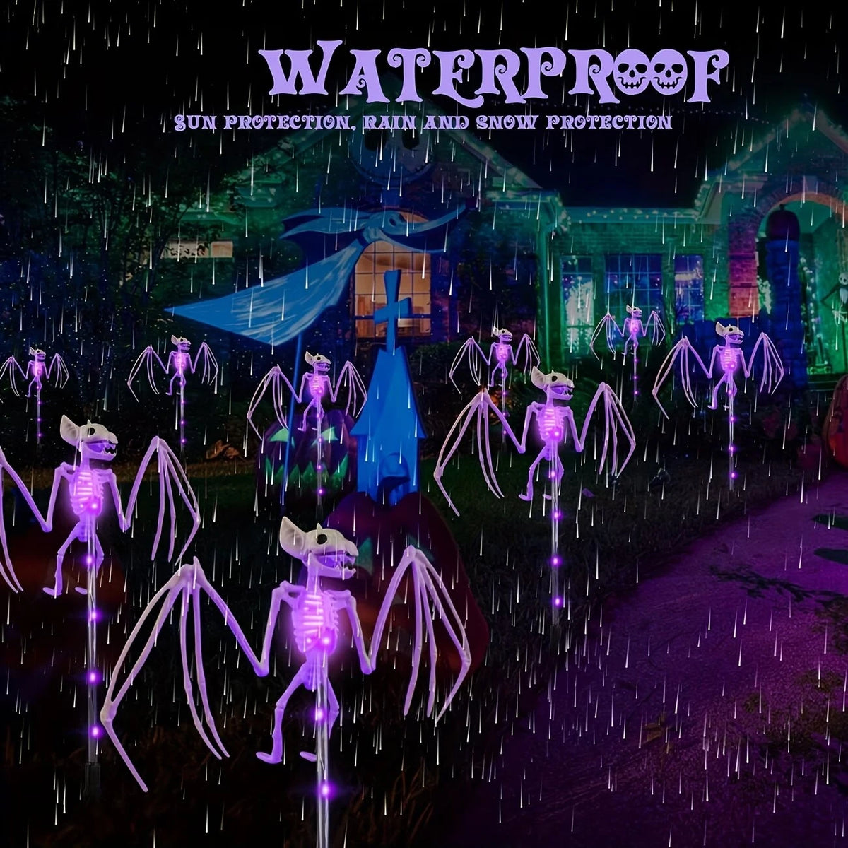 2PC/Set Halloween Outdoor Solar Garden Lights Waterproof 3D Horror Bat Skeleton Purple Orange Stake Lights House Party Decor