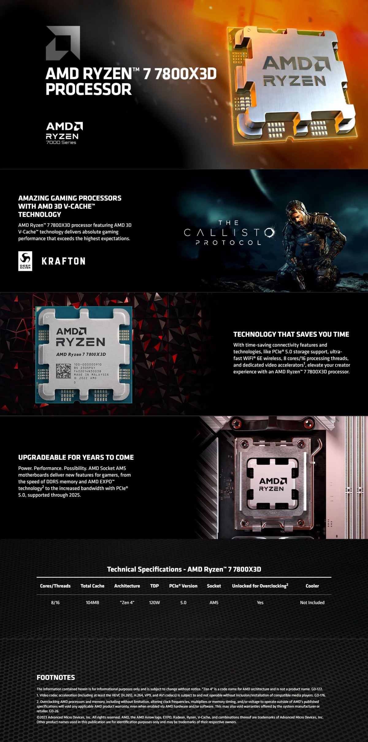 AMD Ryzen 7 7800X3D CPU 8-Core 16-Thread AM5 Processor 4.2GHz Up to 5.0GHz 96MB L3 Cache Gaming Desktop CPU Tray
