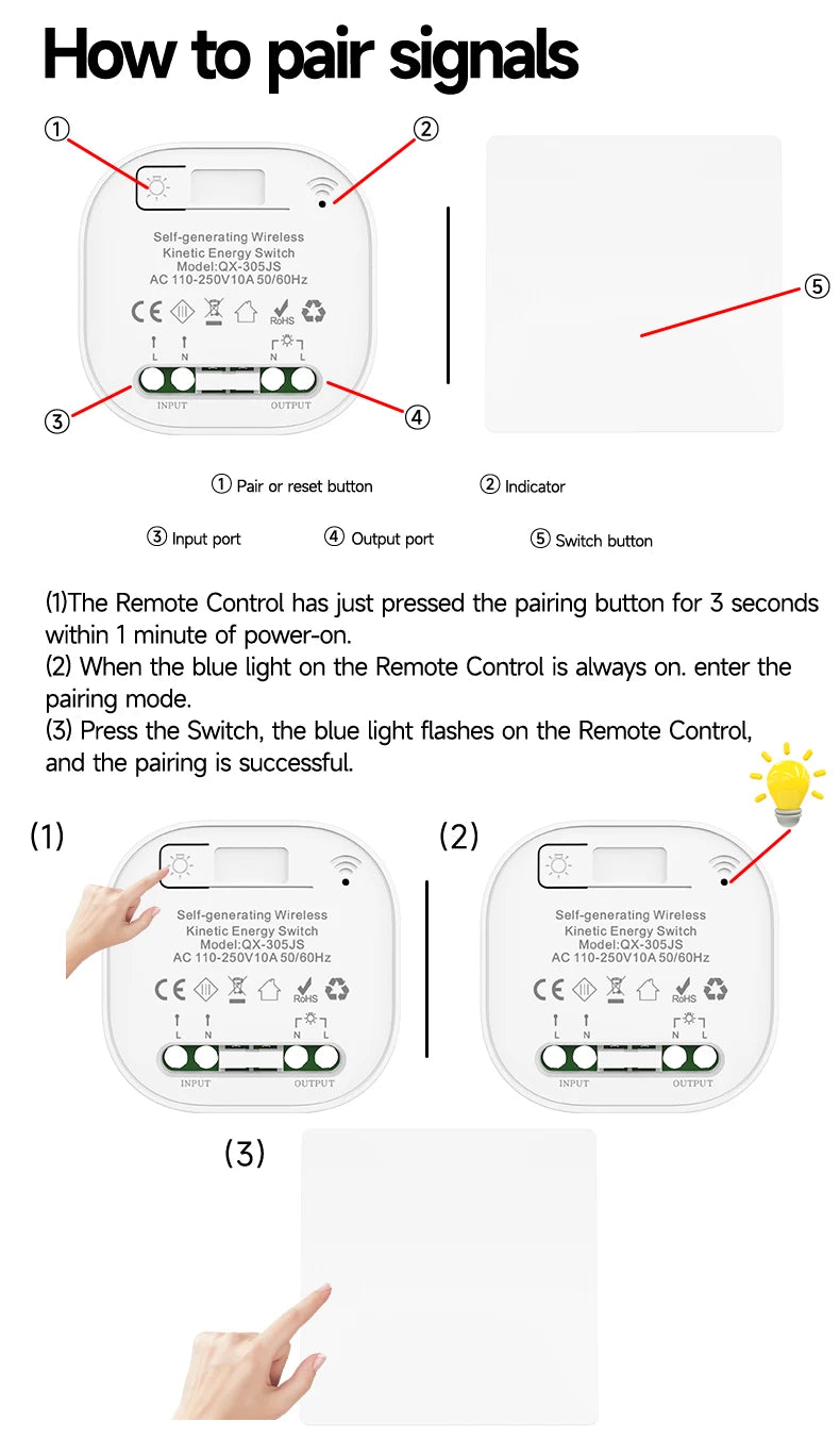 Self-powered Wireless Wall Switch No Battery Required 86Type RF433Mhz Waterproof Wall Switch
