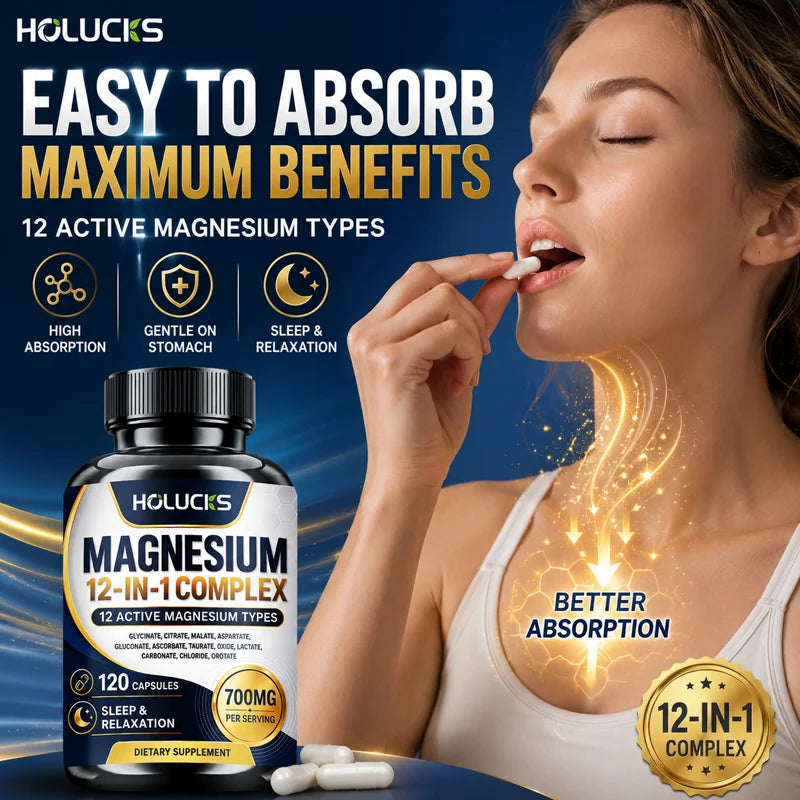 Magnesium 12-IN-1 Complex Capsules - Bone & Heart Health Supplement, Sleep Support,Muscle Relaxation,Stress & Anxiety Relief