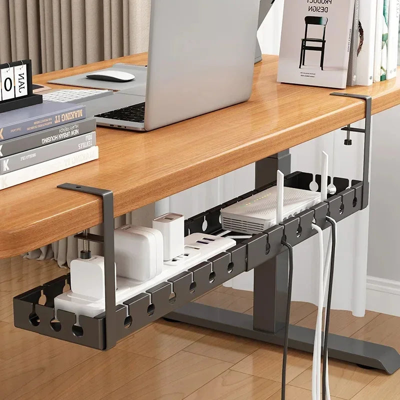 Retractable No Drill Clamp On Under Desk Cable Tray Metal Power Strip Wire Organizer Router Cord Storage Holder