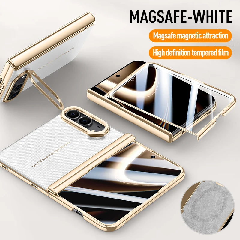 For iPhone Duo Case Electroplated Matte Leather Folding Hinge With Tempered Film Lens Bracket Shockproof Back Cover Accessories