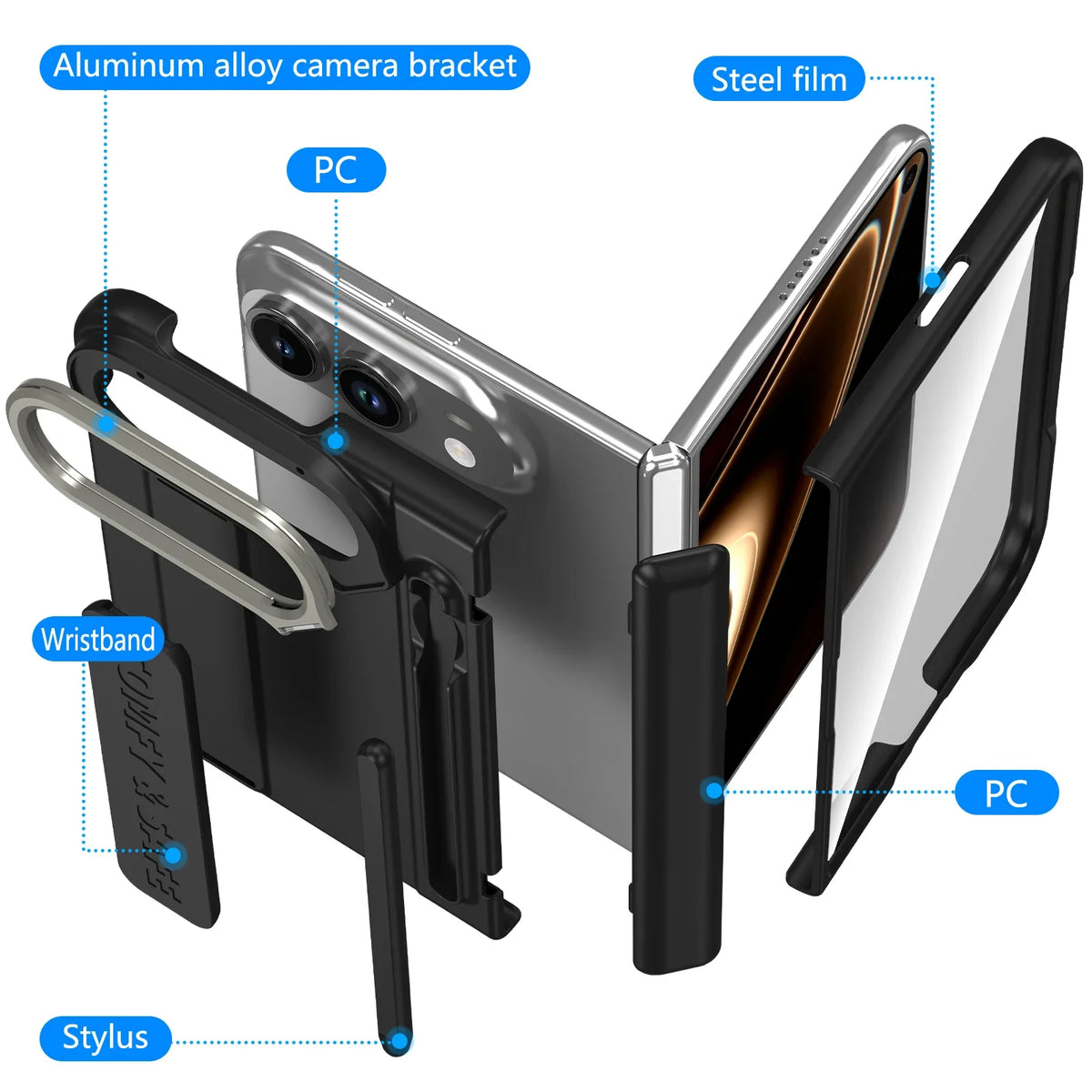 For Apple iPhone Duo Case With Stylus Pen Holder Stylus Screen Protector Camera Stand Wristband Hinge Protection Phone Cover