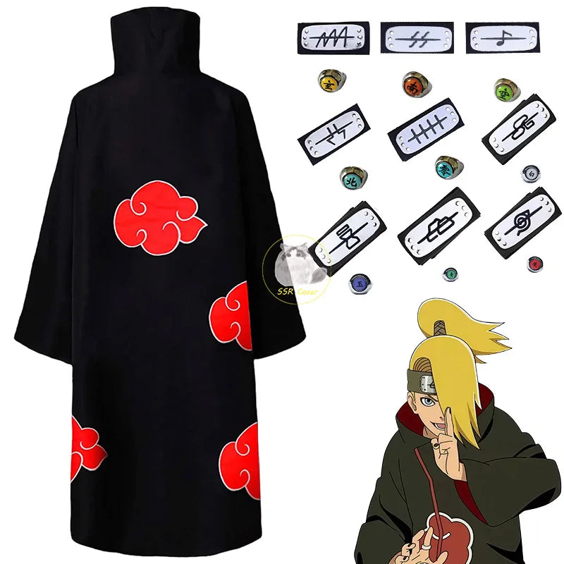 Bilibili Anime Akatsuki Deidara Cosplay Ninja Costume Uchiha Itachi Red Cloud Cloak Robe Cloak Headband Props Halloween Clothes