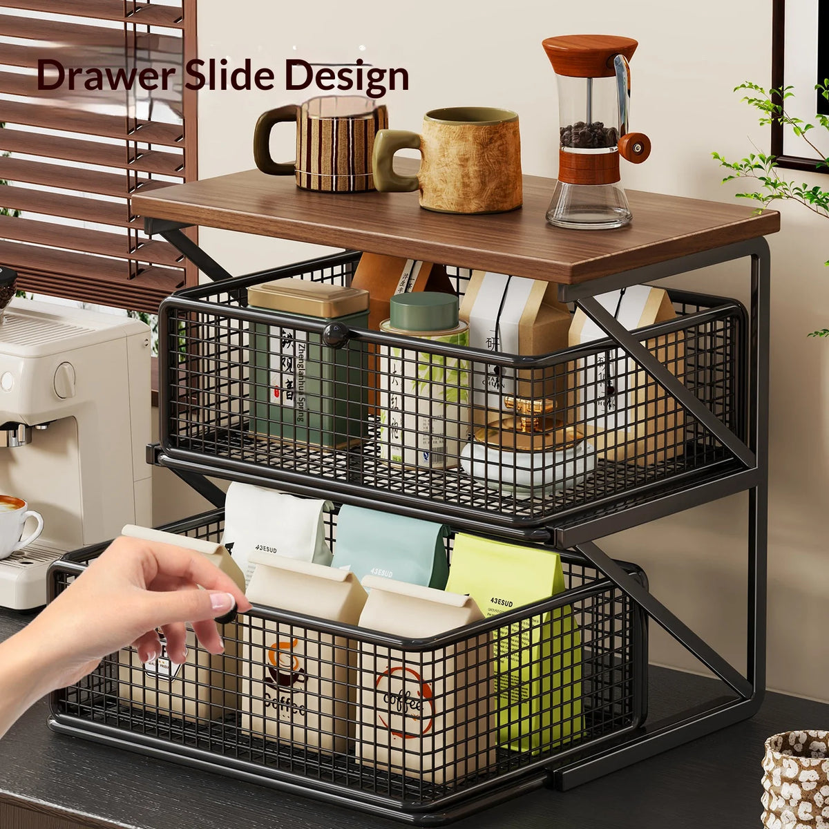 Kitchen Counter Shelf Organizer Ironwood Drawer Storage Rack Coffee Accessories Station for Room and Pantry Home Storage