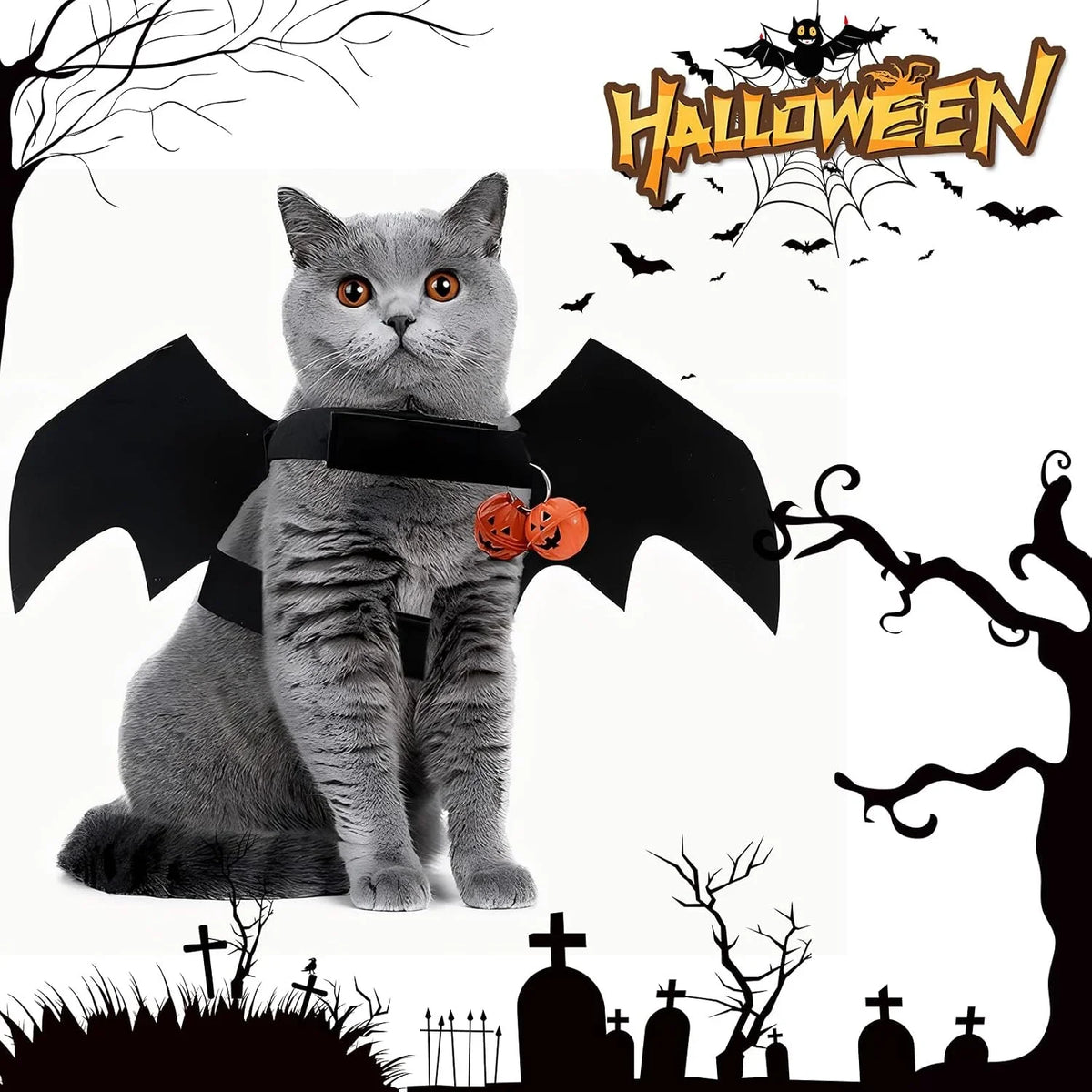 Halloween Pet Bat Wings Costume Cat Dog Clothes with 2 Pumpkin Bells Cosplay Outfit for Small Cats Dogs Party Dress Up Fun
