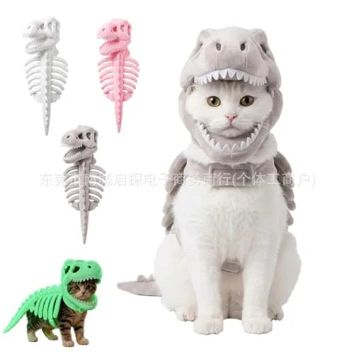 Halloween Dinosaur Skeleton Pet Hooded Costume Cute Cat Puppy Cosplay Outfit Funny Party Dress Up Clothes Small Animal Holiday