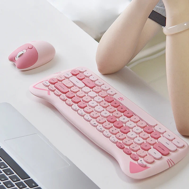 GEEZER Wireless Silent Keyboard Mouse Combo, Pink-Black Cat Ear Retro Round Keycaps US QWERTY Layout