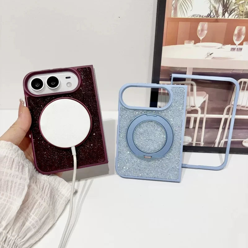 For iPhone Duo New Luxury Shell Flash Diamond 360° Rotating stand Phone Case For Magsafe Magnetic Wireless Charging Girl Cover