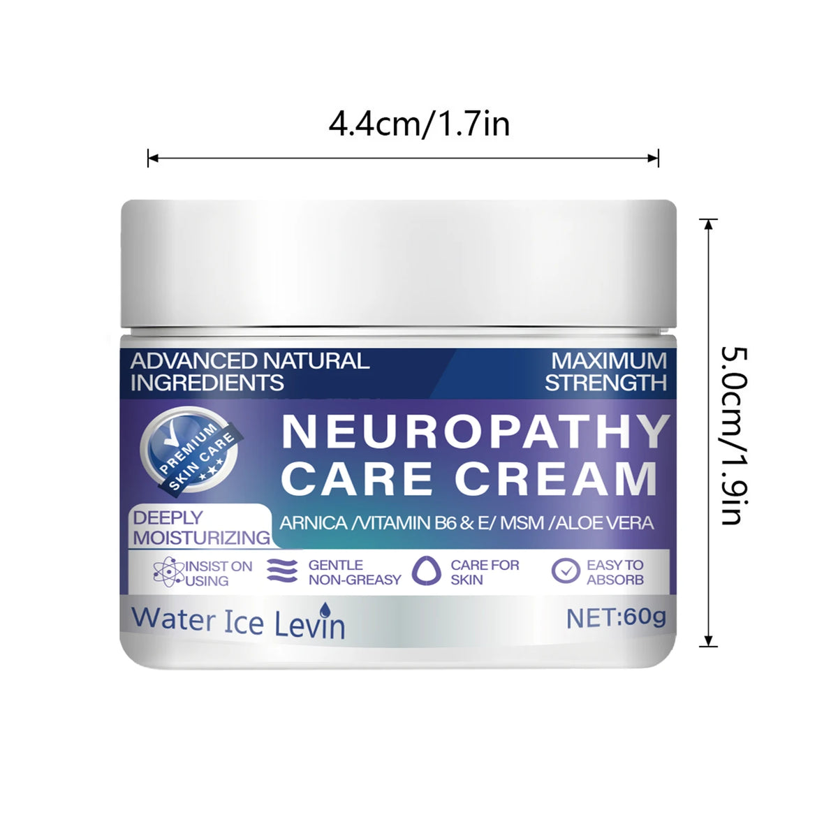 Water Ice Levin Maximum Strength Neuropathy Cream - with Natural Ingredients (Arnica, Msm, Aloe) for Intensive 72-Hour Hydration