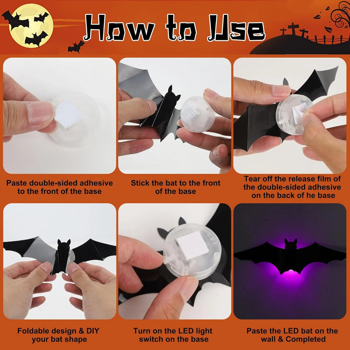 Halloween 3D Bat LED Night Light Wall Decal Self-adhesive LED Wall Decor Lamp Light Up Flashing Modes for Party Indoor Decor