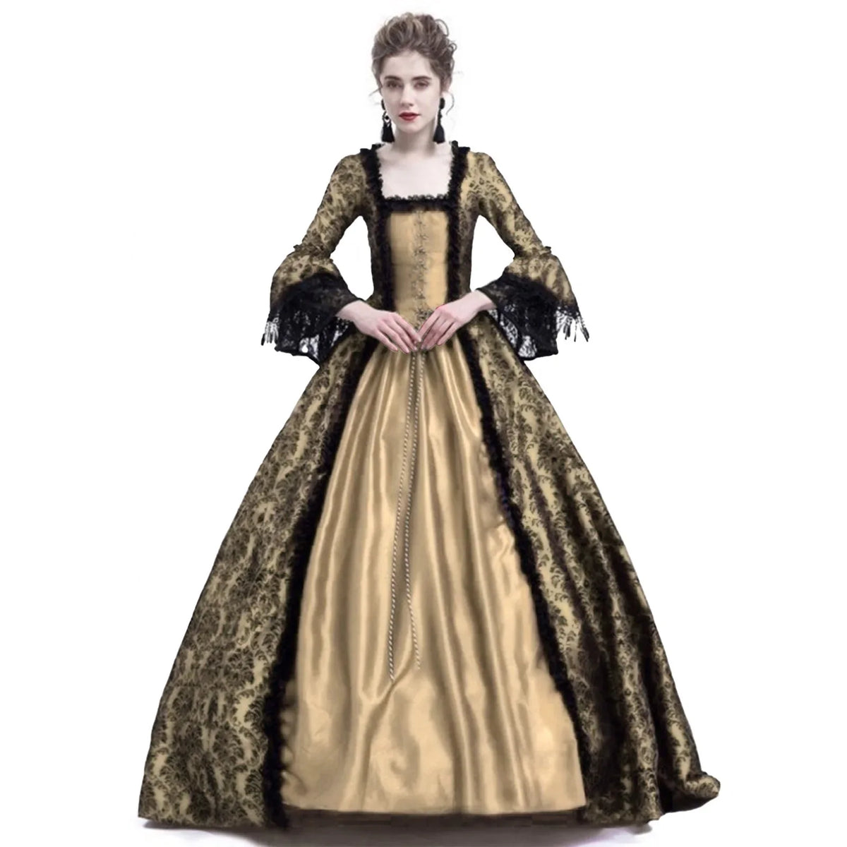 Medieval Victorian Court Lace Patchwork Gothic Dress Halloween Witch Cosplay Party Costume Square Neck Flare Sleeve Maxi