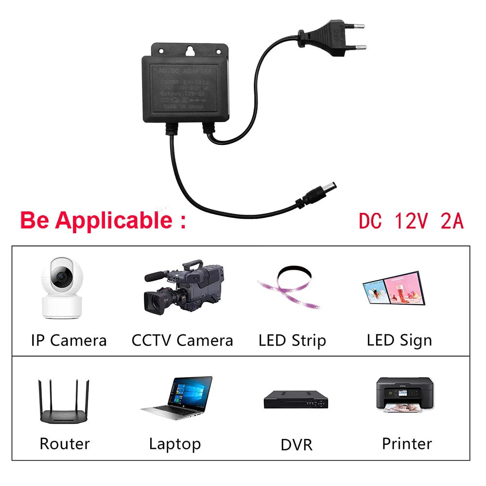 2pcs DC12V 2A EU Plug Power Adapter Waterproof Black For CCTV Security Surveillance AHD Camera Charger NVR DVR Input AC100V-240V
