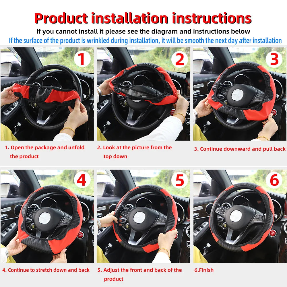 Universal Fit PU Carbon Fiber Leather Car Steering Wheel Cover 14.5-15 Inch No Inner Ring Required Vehicle Decoration Accessory