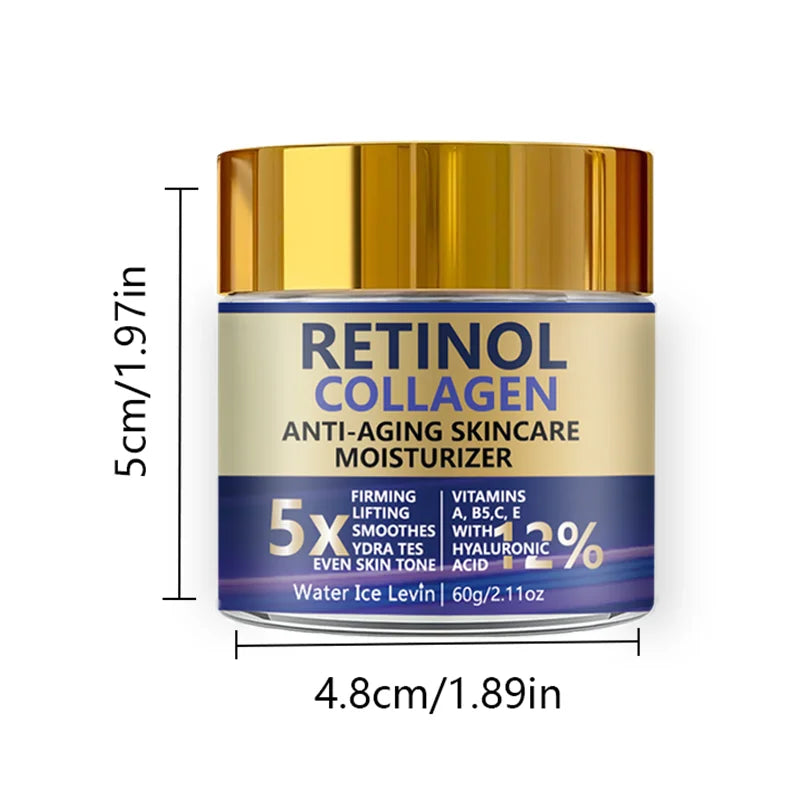 Retinol Collagen Hyaluronic Acid. Anti-Aging Moisturizer 5X Firming Lift. Even Skin Tone. Vitamins A B5 C E Panthenol. 60g