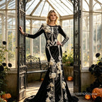 New Halloween White Bone Skeleton Long Sleeved Dress Dark Rose Printing Flower Slimming Holiday Party Dress 2026