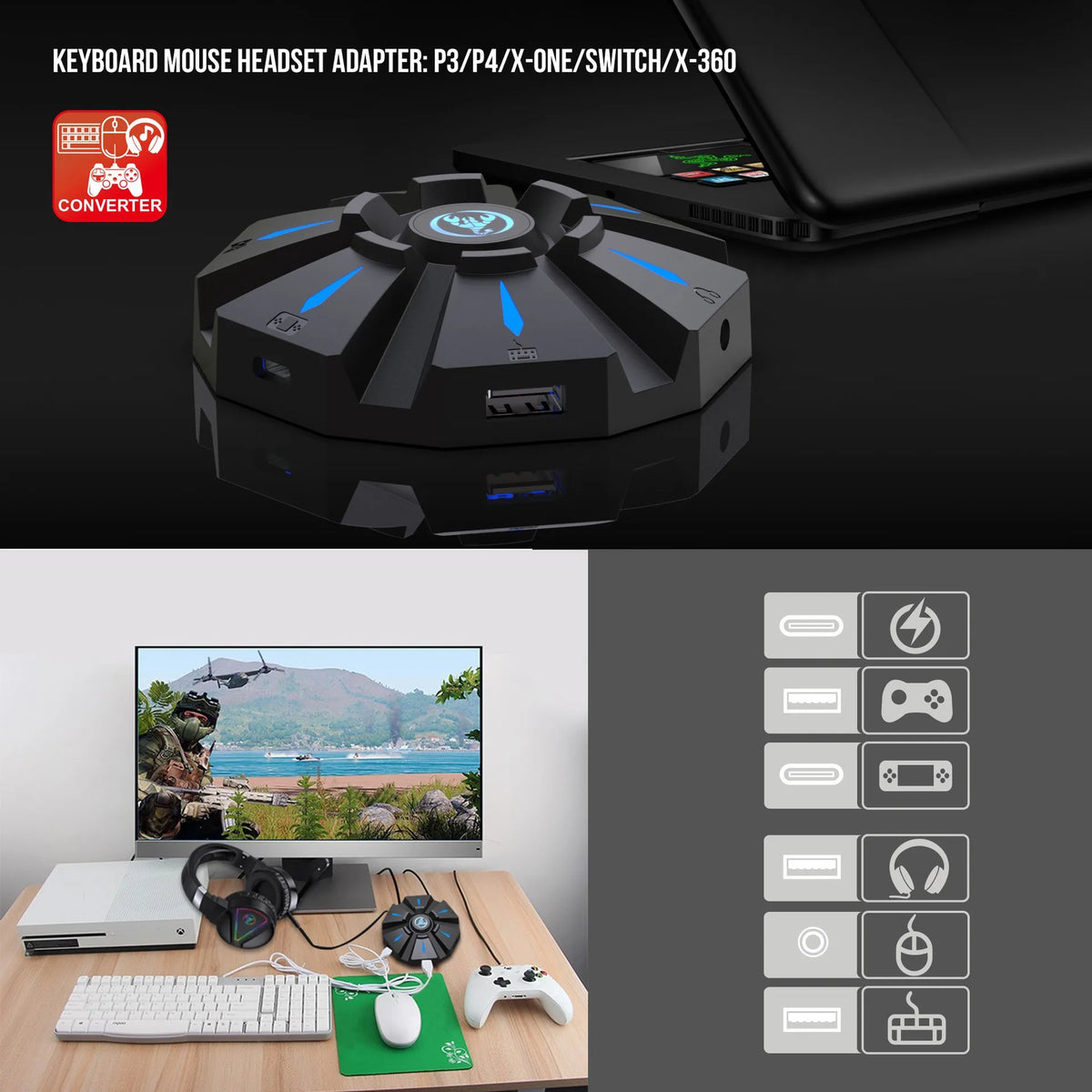 RGB Backlit Gaming Keyboard And Mouse Combo One-Handed Keypad with 3200 DPI Mouse Game Converter for PS4 Xbox Nintendo Switch