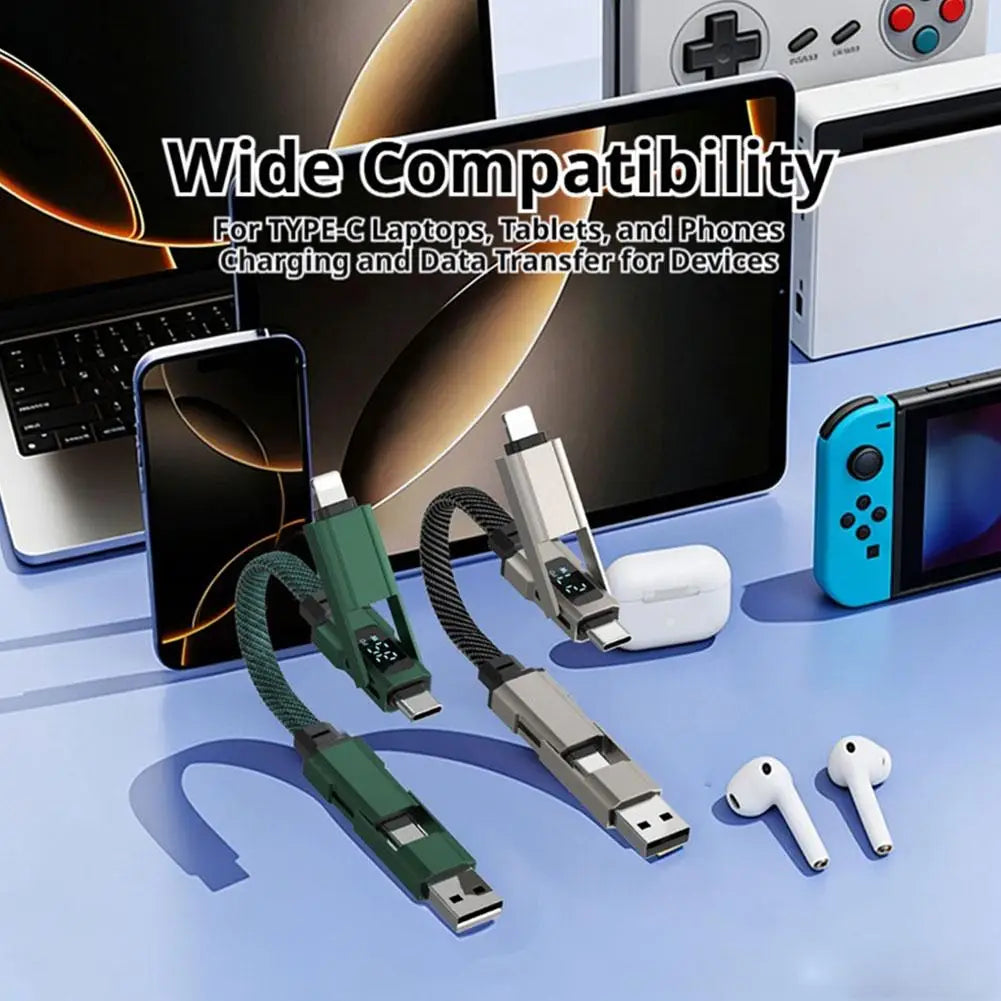 4-in-1 Portable 65W Keychain Digital Display PD Fast Charging Cable For iPhone Huawei Short Type-C Mobile Phone Data Cable