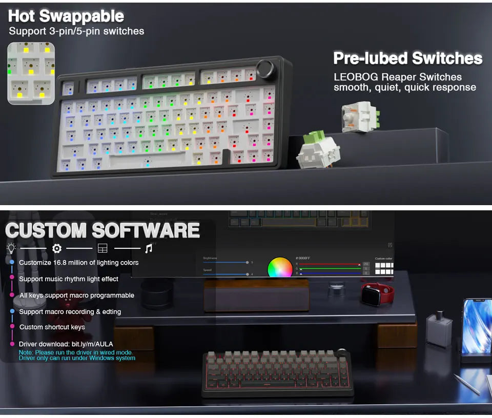 AULA F75 Gaming Mechanical Keyboard RGB Customized 75% Layout Side-engraving Gasket Mounted 80keys PBT Gradient Keycaps Keyboard