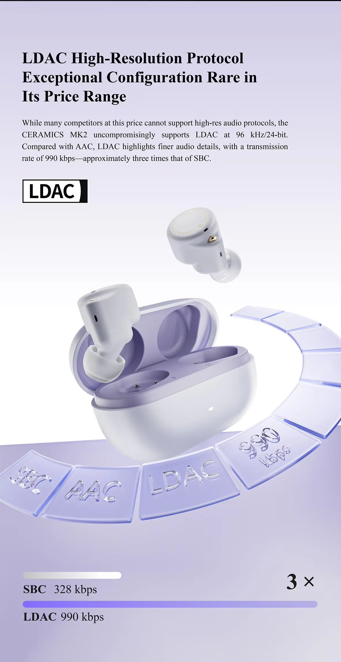 CERAMICS MK2 Wireless Earbuds with 40dB ANC, Hi-Res LDAC and 45H Playtime