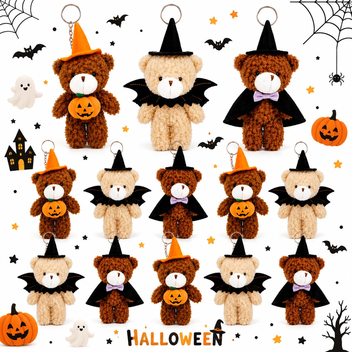 Halloween Plush Bear Small Stuffed Bear Bulks with Witch Hats, Pumpkin for Halloween Party Favor Gifts Goodie Bag Filler Rewards