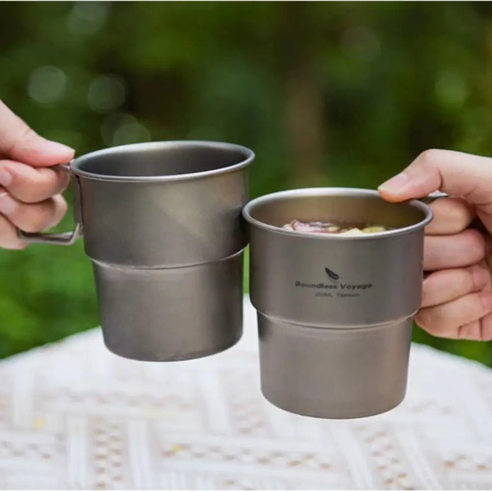 Pure Titanium Camping Cup with Lid Foldable Handle Lightweight Single Wall Mug Open Fire Coffee Tea Cup for Hiking Backpacking