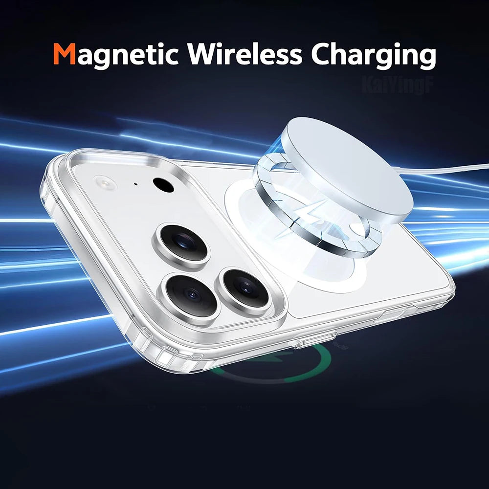 Luxury For Magsafe Transparent Case For iPhone 18 17 16 15 14 13 12 11 Pro Max Mini XR Magnetic Wireless Charge Back Cover Case