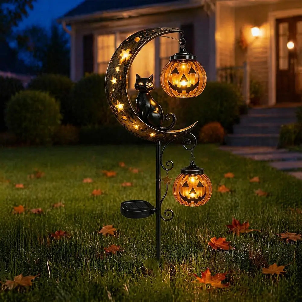 Solar Halloween Black Cat & Pumpkin Moon Garden Stake Light, Solar Garden Decoration, Outdoor Waterproof Metal Pumpkin Stake