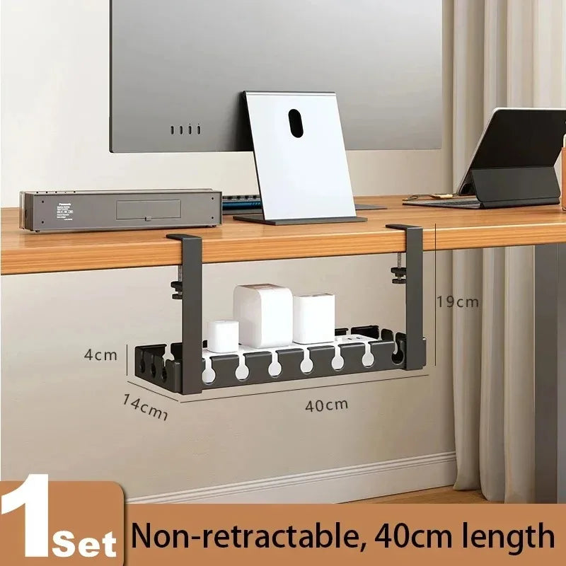 Retractable No Drill Clamp On Under Desk Cable Tray Metal Power Strip Wire Organizer Router Cord Storage Holder