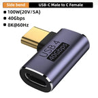 USB4.0 40Gbps OTG Type C 90 Degree Adapter 100W 5A USB C to Type C Fast Charging Converter USB C Data Adapter For Macbook 8K60HZ