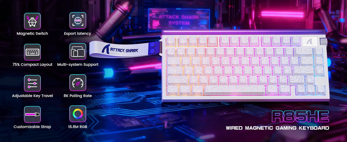ATTACK SHARK R85 HE Wired 75% Hall Effect Rapid Trigger Mechanical RGB Gaming Keyboard with 8K Polling,0.05mm RT Accuracy
