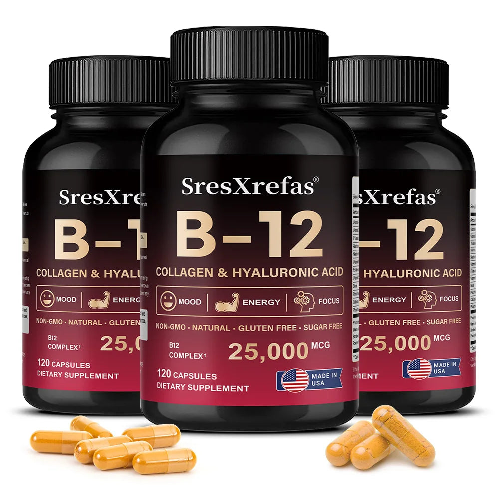 Vitamin B12 with Collagen,  Hyaluronic Acid - Supports Energy, Focus, Mood, Nervous System & Immune Health, Relieves Fatigue