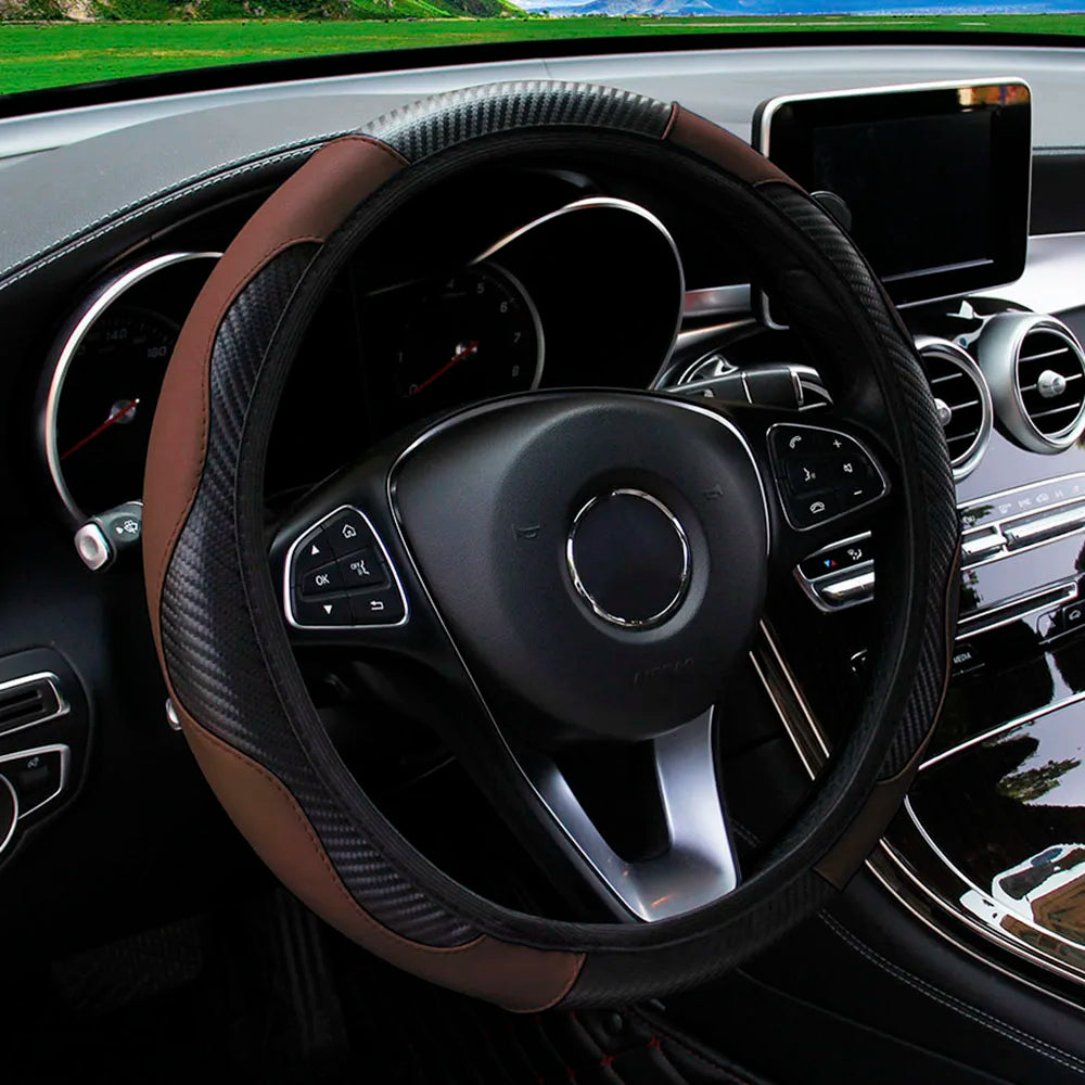 Universal Fit PU Carbon Fiber Leather Car Steering Wheel Cover 14.5-15 Inch No Inner Ring Required Vehicle Decoration Accessory