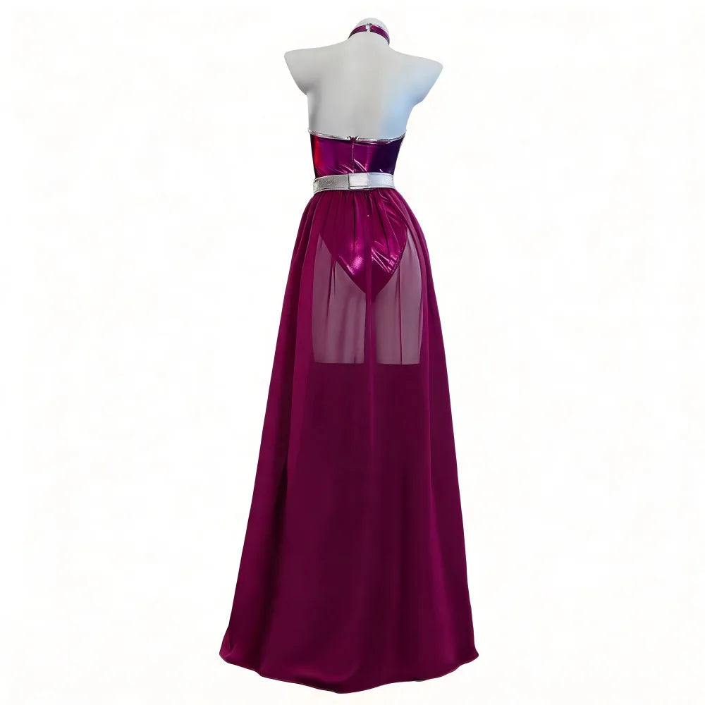 Womens Halloween Costume Shiny Metallic Purple Bodysuit Set Halter Jumpsuit With Long Chiffon Cape Halloween Party Fancy Costume
