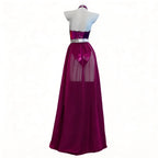Womens Halloween Costume Shiny Metallic Purple Bodysuit Set Halter Jumpsuit With Long Chiffon Cape Halloween Party Fancy Costume