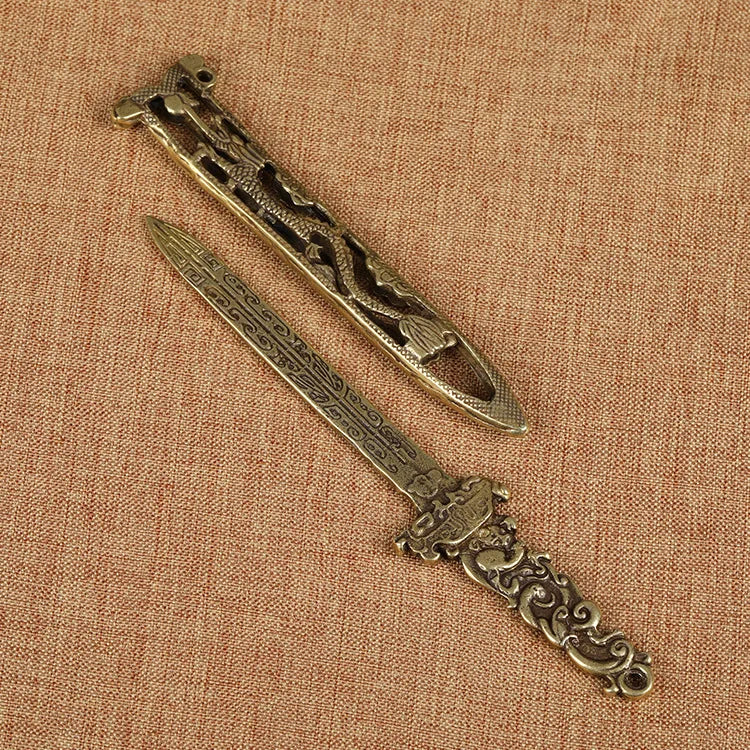 Brass Sword Pendant Waist Decoration Exquisite Double-Sided Carved Small Sword Handle Antique Copper Craft Ornament