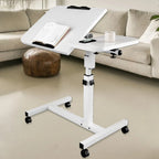 Mobile Laptop Desk with Wheels Height Adjustable Overbed Table, 180 Tiltable Bedside Computer Stand with Safety Edge Stopper, Carbon Steel Rolling Notebook Tray for Home Office Sofa Bed, White Bedroom Furniture