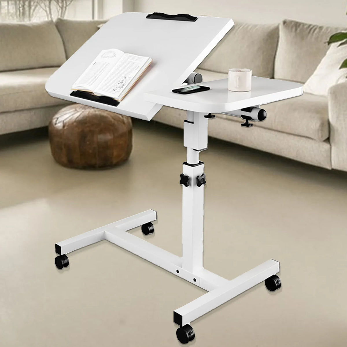 Mobile Laptop Desk with Wheels Height Adjustable Overbed Table, 180 Tiltable Bedside Computer Stand with Safety Edge Stopper, Carbon Steel Rolling Notebook Tray for Home Office Sofa Bed, White Bedroom Furniture