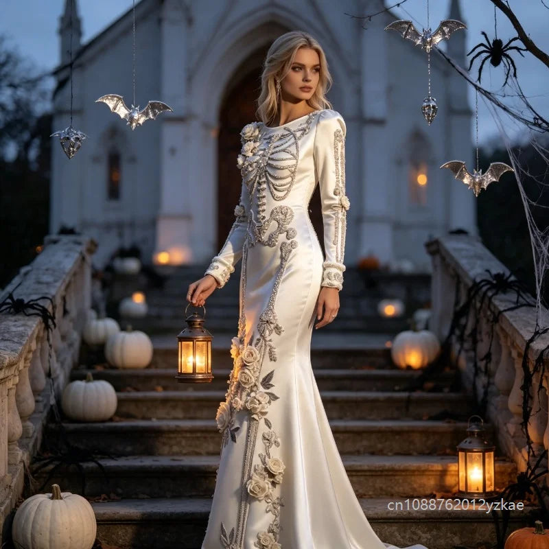New Halloween White Bone Skeleton Long Sleeved Dress Dark Rose Printing Flower Slimming Holiday Party Dress 2026