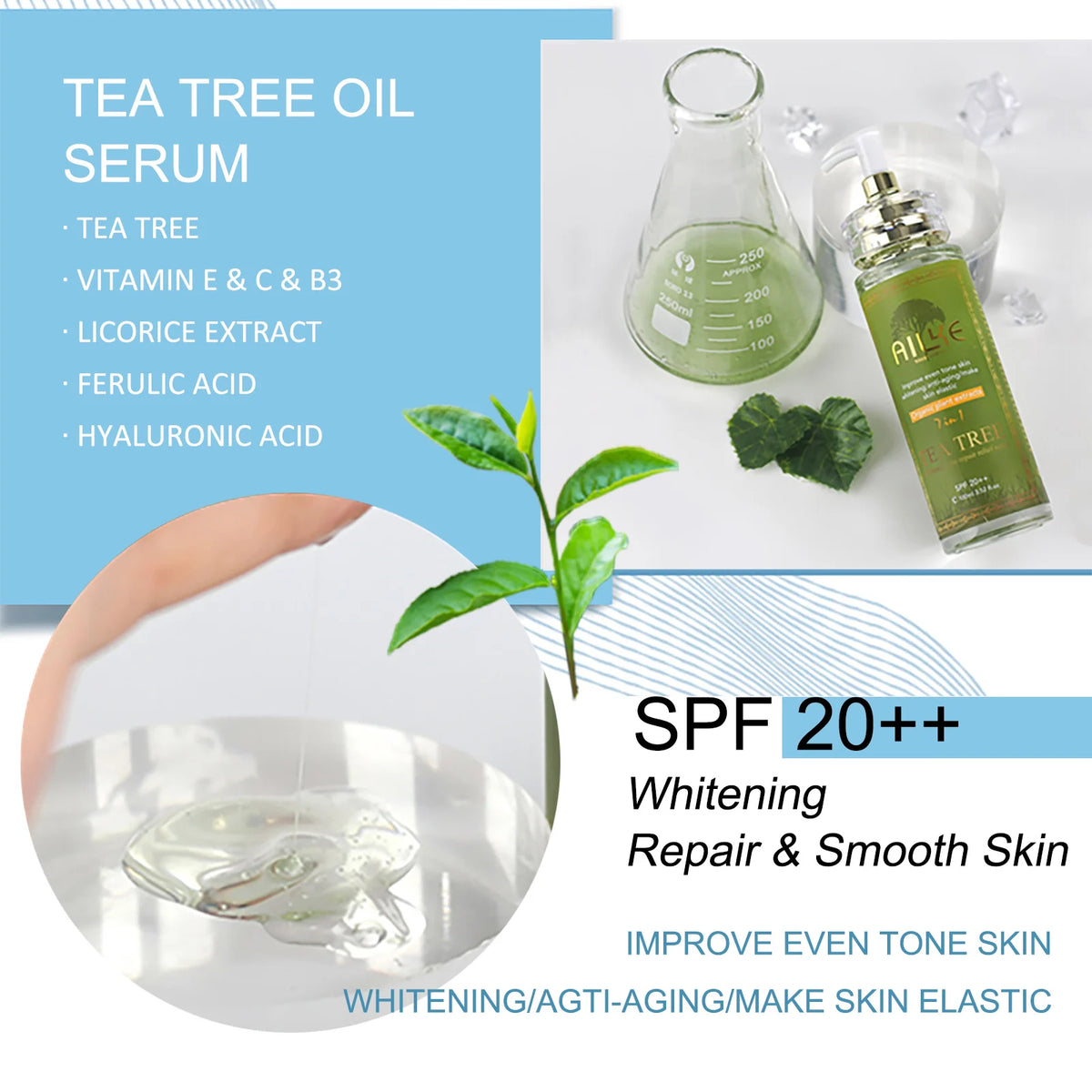 AILKE Tea Tree Oil Serum for Face and Body, Brightening, Moisturizing, Anti Acne Essence, With Vitamin E & Vitamin B3, 100ml