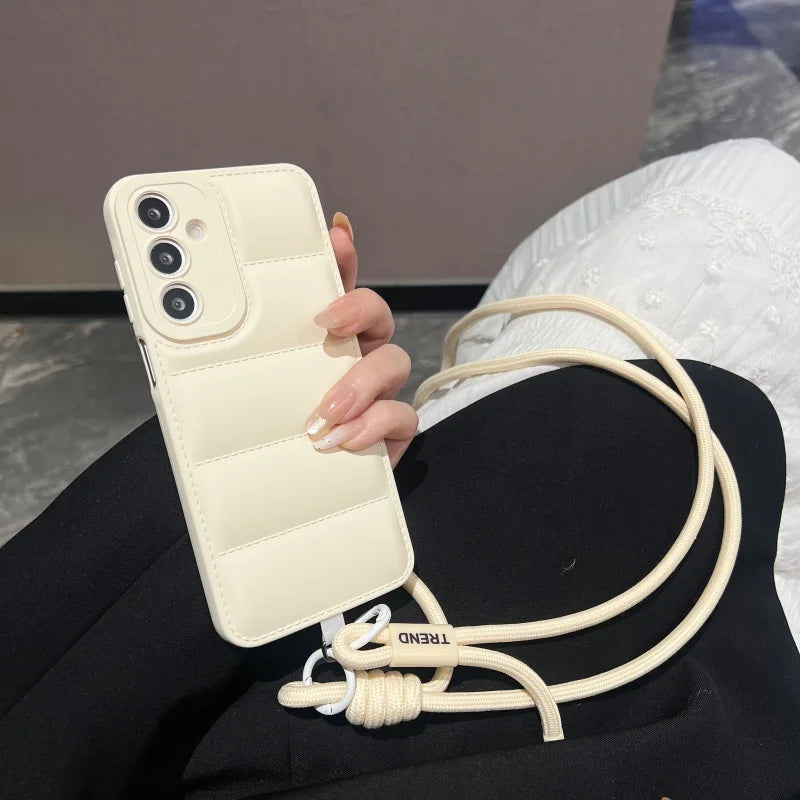 Fashion Down Jacket Lanyard Crossbody Case For Samsung Galaxy A56 A36 A26 A16 A55 A35 A54 A53 A52 A34 A33 Long Strap Soft Cover