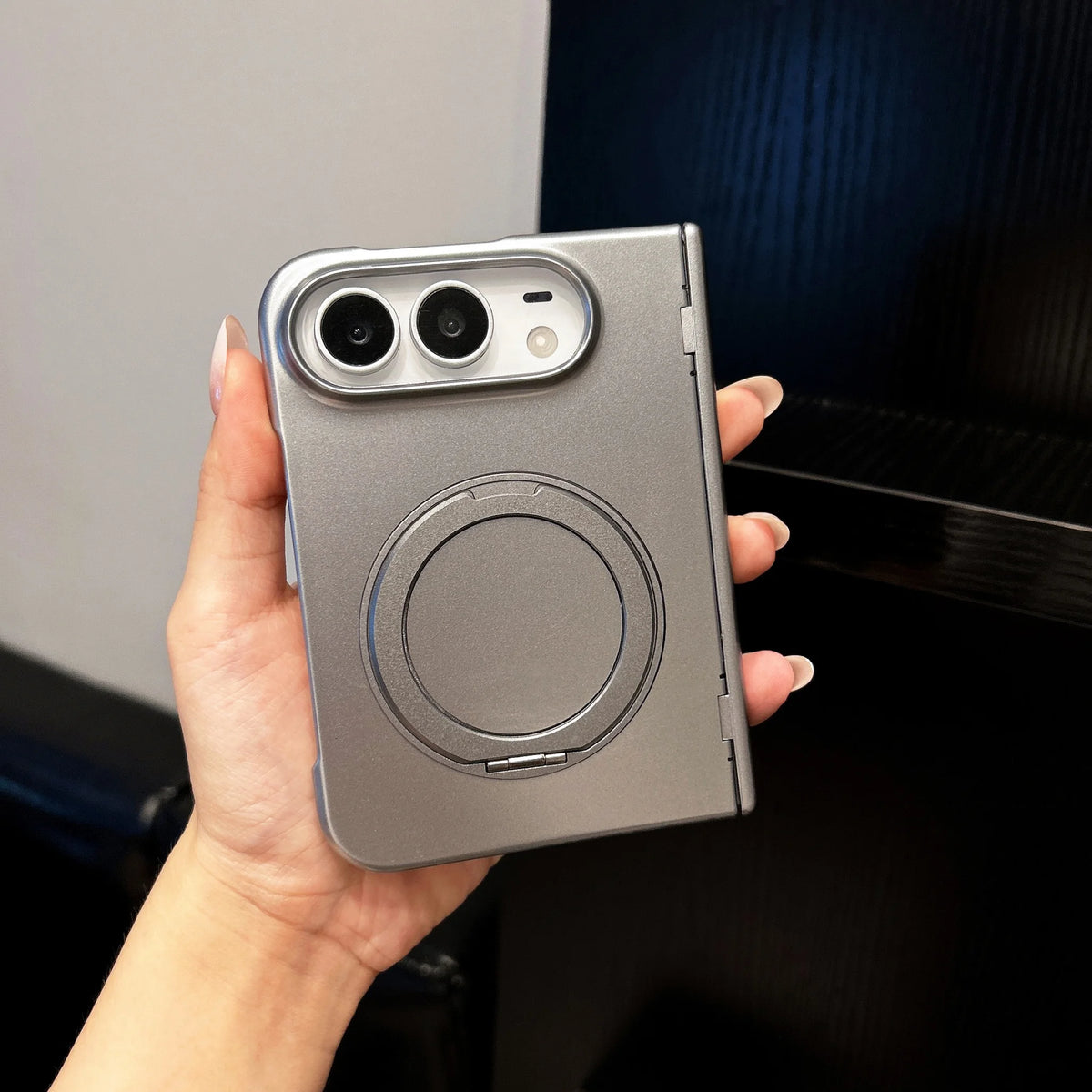 For iPhone 18 DUO Magnetic 360 Bracket Case for iPhone DUO 18 Fold Metallic Paint Spring Axis Protection Wireless Charging Cover