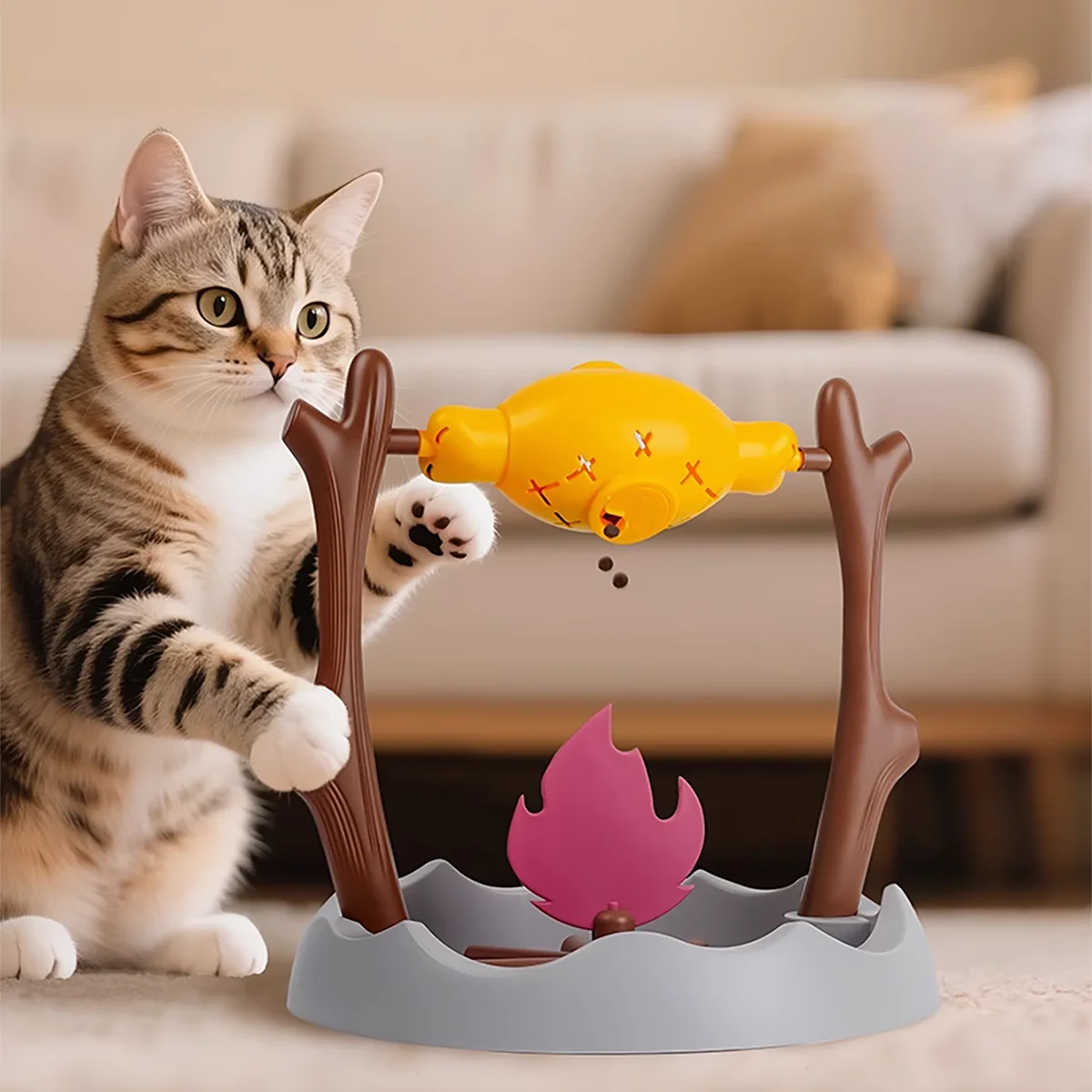 Juguete interactivo para gatos con forma de barbacoa de exterior - Dispensador de comida giratorio con premios ocultos DIY Juguete masticable para gatitos Idea de regalo de Navidad