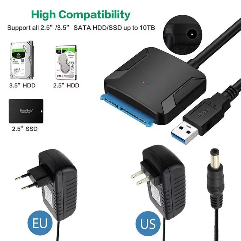 SATA to USB 3.0 Cable SATA III Hard Drive Adapter Converter for 2.5" 3.5" SSD HDD Hard Drive Disk with 12V/2A Power Adapterer