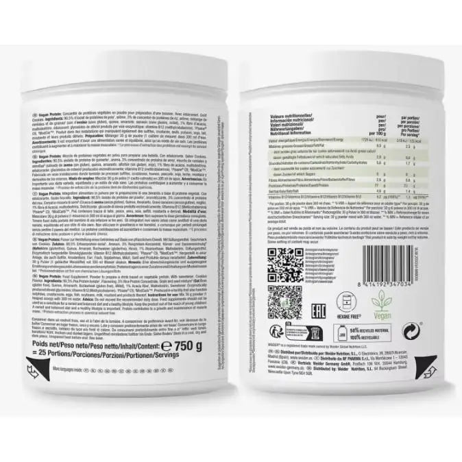 Weider vegan protein - 750 gr - 23g/dose isolated pea and rice. With vitamin b12 and stevia. Gluten free, sugar free.