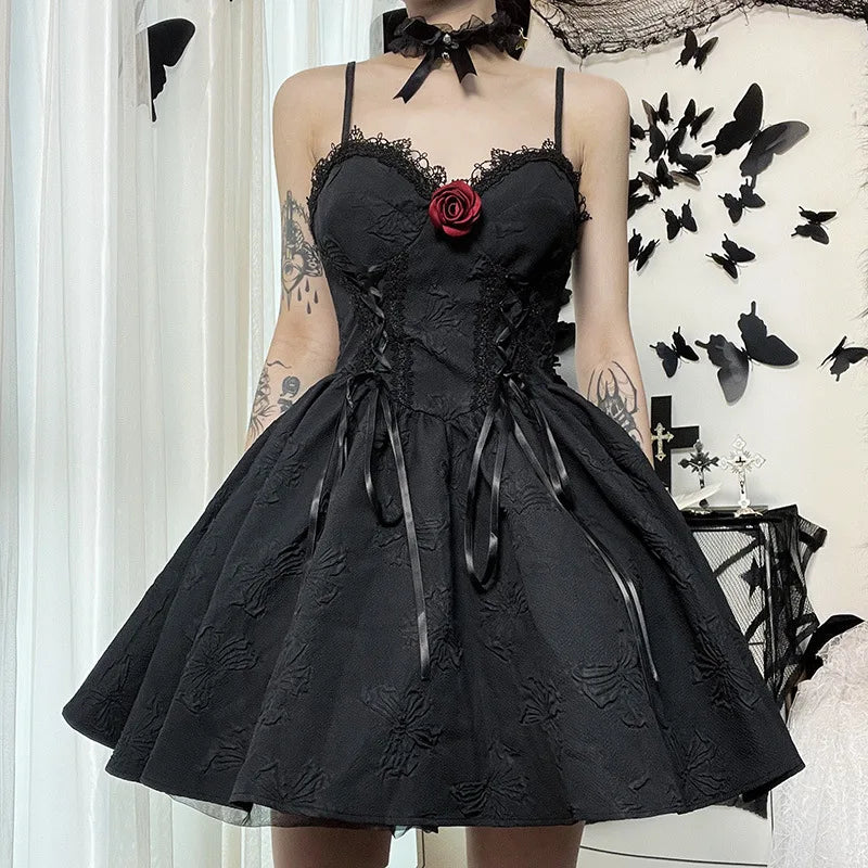 Mall Gothic Emo Jacquard A-line Dresses Goth dress Elegant Grunge Ruched Bandage Partywear Punk Black Women Halloween Club Dress