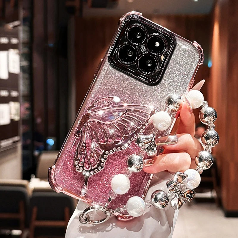 Shockproof Plating Glitter Butterfly Bracket Bracelet Case for iPhone 17 Air 16 15 14 13 12 11 17 Pro Max 16 Plus 16E Soft Cover