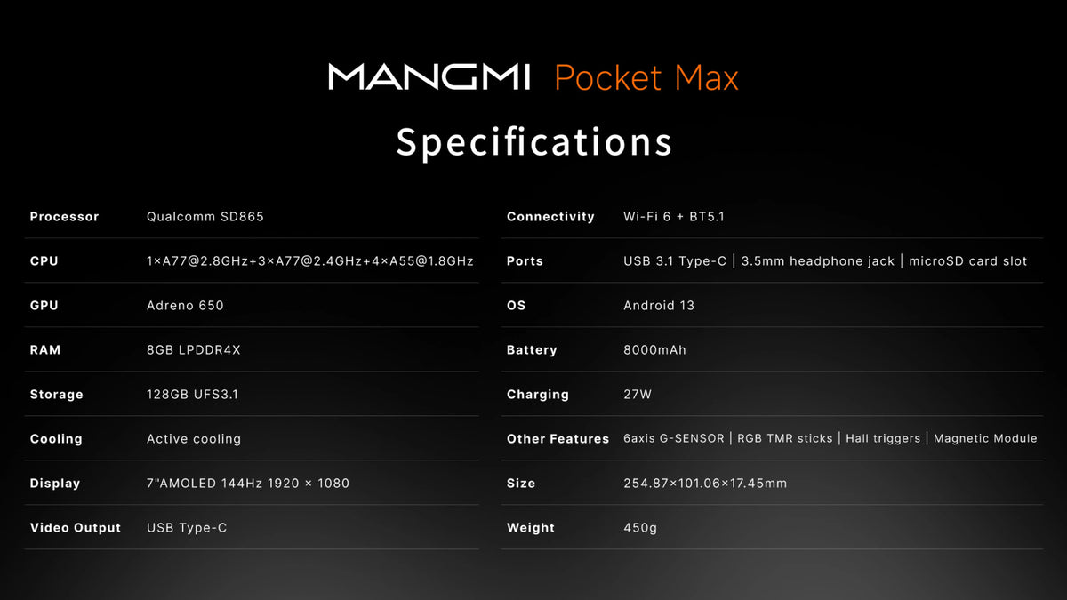 MANGMI POCKET MAX Handheld Game Console 7'' OLED 144Hz Screen Qualcomm SD865 Android 13 System 8000mAh Battery 27W Fast Charging