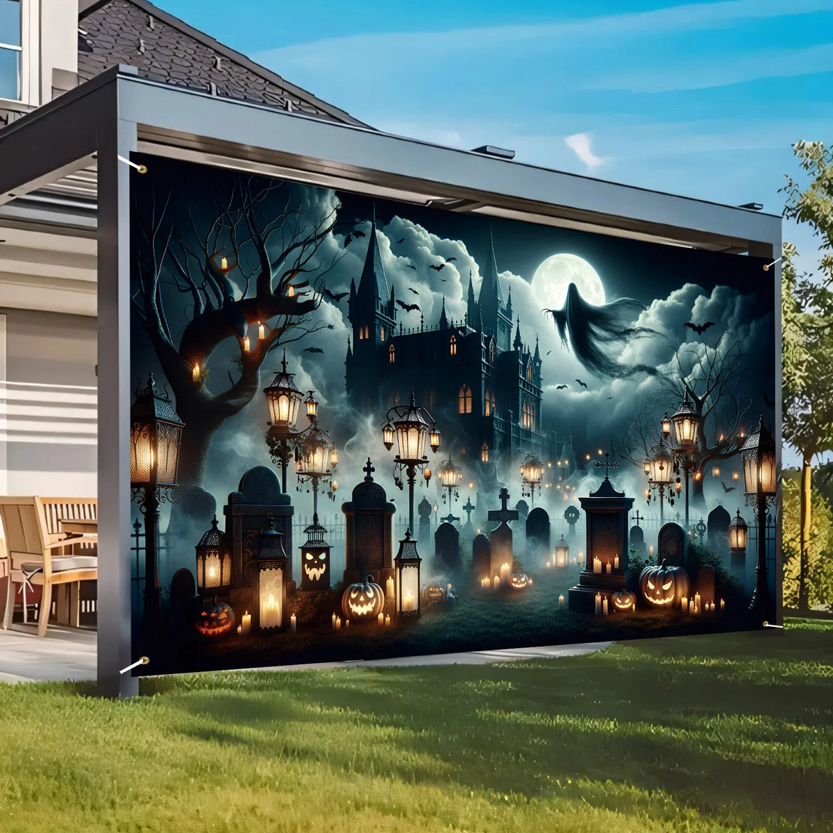 A 2D flat ghost Gothic-style Halloween polyester background banner with a cemetery and ghosts, suitable for party decoration